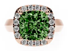 Fancy Green Cushion Cut Diamond Halo Solitaire Engagement Ring Set in Rose gold with Square Band and Prong Setting