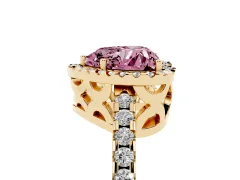 Fancy Pink Heart Cut Diamond Halo Ring Set in Yellow gold with Pavé Shoulders and Halo-Framed Center