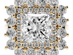 Princess Cut Diamond Floral Double Halo Ring Set in Yellow gold with Round Petals