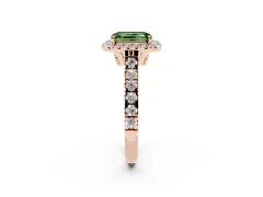 Fancy Green Emerald Cut Diamond Halo Engagement Ring Set in Rose gold with Pavé Band and Prong-Set Center