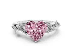 Fancy Pink Heart Cut Diamond Solitaire Ring Set in White gold with Leaf Motif Band