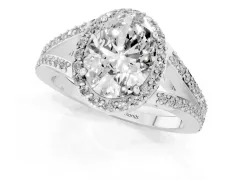 Oval Cut Diamond Halo Split Shank Pavé Ring Set in Platinum with Prong Setting