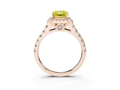 Fancy Yellow Radiant Cut Diamond Halo Engagement Ring Set in Rose gold with Pavé Band and Prong-Set Center