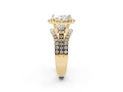 Oval Cut Diamond Halo Split Shank Ring Set in Yellow gold with Round Accent Stones and Prong Setting