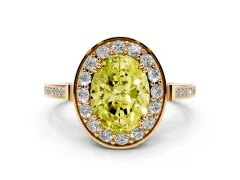 Fancy Yellow Oval Cut Diamond Halo Ring Set in Yellow gold with Accent-Lined Split Shank and Prong Setting