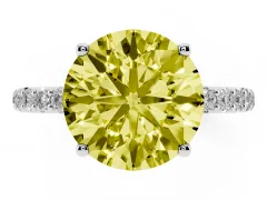 Fancy Yellow Round Cut Diamond Solitaire Engagement Ring Set in White gold with Round Pavé Band and Prong Setting