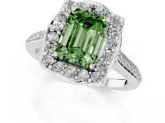 Fancy Green Emerald Cut Diamond Halo Ring Set in White gold with Pavé-Lined Shoulders and Prong Setting