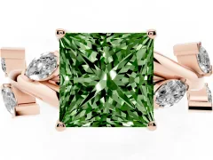 Fancy Green Princess Cut Diamond Solitaire Ring Set in Rose gold with Twisted Marquise Accent Band