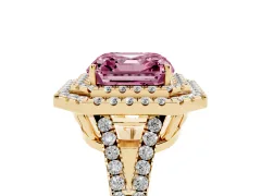 Fancy Pink Asscher Cut Diamond Double Halo Ring Set in Yellow gold with Pavé Band