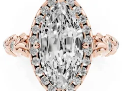Marquise Cut Diamond Halo Ring Set in Rose gold with Filigree Leaf Band and Prong Setting