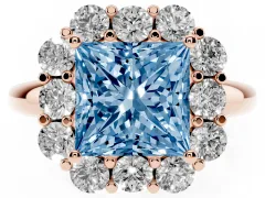 Fancy Blue Princess Cut Diamond Milgrain Halo Solitaire Ring Set in Rose gold with Bezel Set Side Stones and Pavé Band