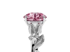 Fancy Pink Round Cut Diamond Solitaire Ring Set in White gold with Leaf Motif Band