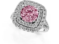 Fancy Pink Round Cut Diamond Double Halo Ring Set in Silver with Pavé Split Shank and Prong Setting