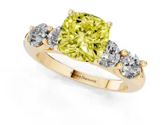Fancy Yellow Cushion Cut Diamond Five-Stone Prong Set Ring Set in Yellow gold with Classic Band