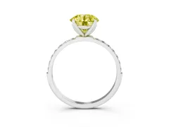 Fancy Yellow Round Cut Diamond Solitaire Engagement Ring Set in Platinum with Round Pavé Band and Prong Setting