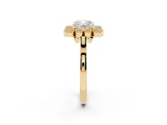 Cushion Cut Diamond Cluster Halo Ring Set in Yellow gold with Milgrain Bezel Accents and Plain Band