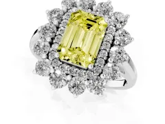 Fancy Yellow Emerald Cut Diamond Floral Double Halo Ring Set in White gold with Round Petals