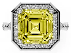 Fancy Yellow Asscher Cut Diamond Halo Engagement Ring Set in White gold with Twisted Band and Prong Setting