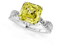 Fancy Yellow Asscher Cut Diamond Twist Pavé Solitaire Engagement Ring Set in White gold with Prong Setting