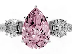 Fancy Pink Pear Cut Diamond Three-Stone Ring Set in Silver with Round Side Stones and Delicate Pavé Band