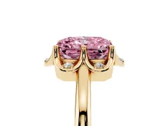 Fancy Pink Radiant Cut Diamond Round Cluster Halo Ring Set in Yellow gold with Solitaire Band and Prong Setting