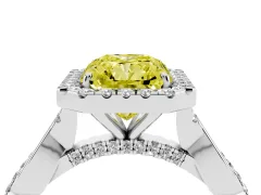 Fancy Yellow Radiant Cut Diamond Halo Twist Band Solitaire Ring Set in White gold with Prong Setting