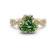 Fancy Green Heart Cut Diamond Halo Twist Band Solitaire Ring Set in Yellow gold with Prong-Set Center Stone