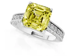Fancy Yellow Asscher Cut Diamond Solitaire Ring Set in Platinum with Milgrain-Edged Pavé Band and Prong Setting