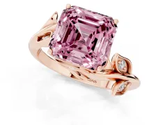 Fancy Pink Asscher Cut Diamond Solitaire Twist Engagement Ring Set in Rose gold with Pavé Leaf Accents