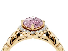 Fancy Pink Marquise Cut Diamond Halo Ring Set in Yellow gold with Filigree Leaf Band and Prong Setting