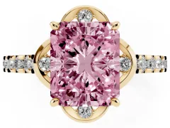 Fancy Pink Radiant Cut Diamond Solitaire Ring Set in Yellow gold with Pavé Band and Floral Prong Setting