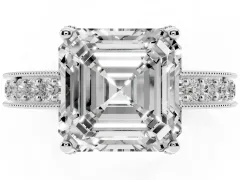 Asscher Cut Diamond Solitaire Ring Set in White gold with Milgrain-Edged Pavé Band and Prong Setting