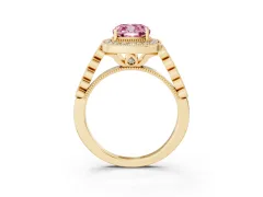 Fancy Pink Cushion Cut Diamond Milgrain Halo Solitaire Ring Set in Yellow gold with Bezel Set Side Stones and Pavé Band