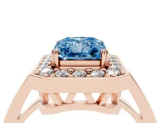 Fancy Blue Radiant Cut Diamond Halo Ring Set in Rose gold with Accent-Lined Split Shank and Prong Setting