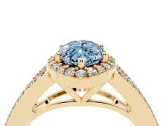 Fancy Blue Marquise Cut Diamond Halo Split Shank Pavé Ring Set in Yellow gold with Prong Setting