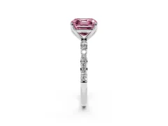 Fancy Pink Asscher Cut Diamond Solitaire Engagement Ring Set in White gold with Round Pavé Band and Prong Setting