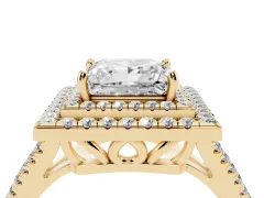 Princess Cut Diamond Double Halo Ring Set in Yellow gold with Pavé Band