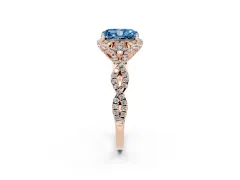 Fancy Blue Radiant Cut Diamond Halo Twist Band Solitaire Ring Set in Rose gold with Prong-Set Center Stone