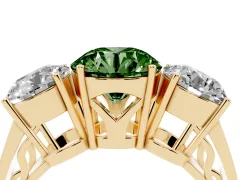 Fancy Green Round Cut Diamond Three-Stone Ring Set in Yellow gold with Textured Band