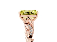 Fancy Yellow Emerald Cut Diamond Vine Band Solitaire Ring Set in Rose gold with Milgrain Prong Setting