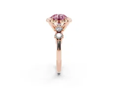 Fancy Pink Round Cut Diamond Floral Halo Ring Set in Rose gold with Shared Prong Band