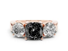 Fancy Black Cushion Cut Diamond Three-Stone Ring Set in Rose gold with Round Side Stones and Classic Band
