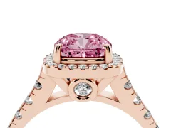 Fancy Pink Cushion Cut Diamond Halo Engagement Ring Set in Rose gold with Pavé Band and Prong-Set Center