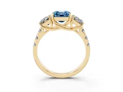 Fancy Blue Asscher Cut Diamond Three-Stone Ring Set in Yellow gold with Pavé Band
