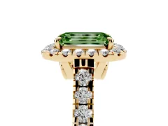 Fancy Green Emerald Cut Diamond Halo Engagement Ring Set in Yellow gold with Pavé Band and Prong-Set Center