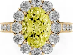 Fancy Yellow Oval Cut Diamond Halo Pavé Engagement Ring Set in Yellow gold with Milgrain Detailing