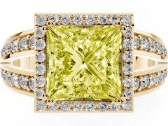 Fancy Yellow Princess Cut Diamond Halo Ring Set in Yellow gold with Double Pavé Split Shank