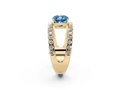 Fancy Blue Cushion Cut Diamond Split Shank Pavé Solitaire Ring Set in Yellow gold with Open Shank Design