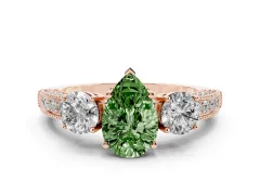 Fancy Green Pear Cut Diamond Three-Stone Ring Set in Rose gold with Round Side Stones and Pavé Band