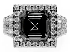 Fancy Black Asscher Cut Diamond Halo Split Shank Ring Set in Silver with Round Accent Stones and Prong Setting